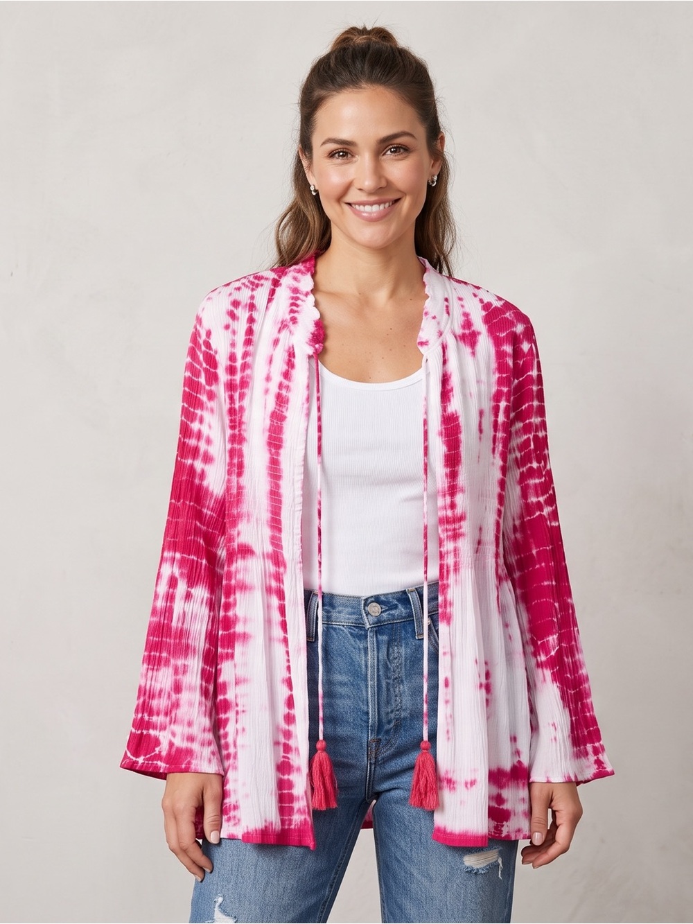 Charlie Paige Boho Festival Pink & White Tie-Dye Open Cardigan with Tassels
